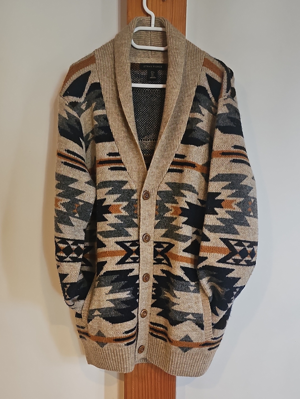 Men’s Shawl Collar Southwestern Patterned Cardigan - Beige/Navy